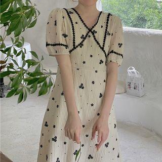 Lace Trim Floral Puff-sleeve Dress