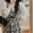 Lantern-sleeve Lace Top / Floral Print Midi A-line Overall Dress