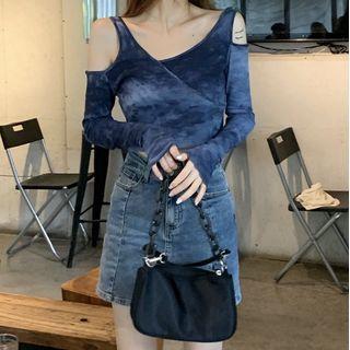 Long-sleeve Cold-shoulder Tie-dyed Cropped Top