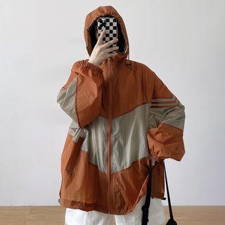 Two-tone Hooded Zip Jacket Orange & Gray - One Size