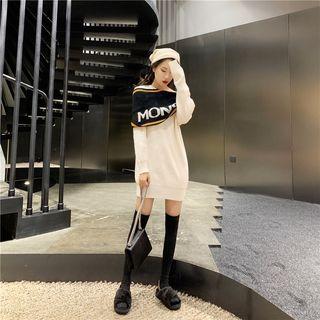 Off-shoulder Color Block Knit Dress White - One Size
