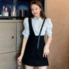 Set: Puff-sleeve Shirt + Suspender A-line Mini Skirt