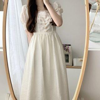 Puff-sleeve Square-neck Ruffle Trim A-line Maxi Dress