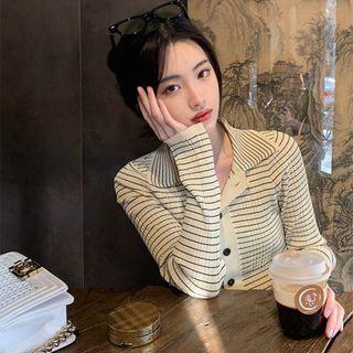 Collared Striped Button-up Knit Top