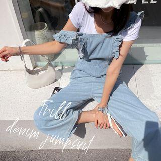 Frilled-strap Denim Wide-leg Jumpsuit Light Blue - One Size