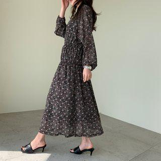 Shirred Floral Chiffon Long Dress
