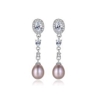 Sterling Silver Stylish And Elegant Geometric Purple Freshwater Pearl Earrings With Cubic Zirconia Silver - One Size