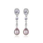 Sterling Silver Stylish And Elegant Geometric Purple Freshwater Pearl Earrings With Cubic Zirconia Silver - One Size