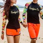 Couple Matching Set: Printed Raglan Sleeve Rashguard + Swim Shorts