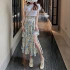 Floral Pleated Asymmetric Skirt