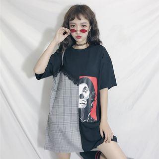 Plaid Panel Elbow-sleeve T-shirt Dress Black - One Size