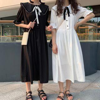 Tie Neck Short-sleeve Midi A-line Dress