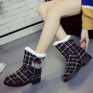 Plaid Pompom Fleece-lining Short Boots