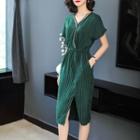 Pinstriped Short-sleeve V-neck Dress
