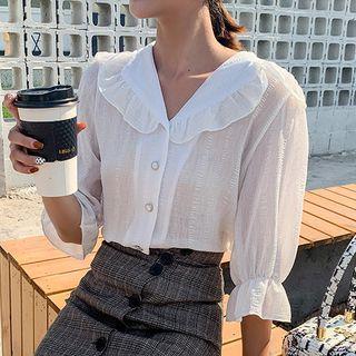 3/4-sleeve Ruffled Chiffon Buttoned Top