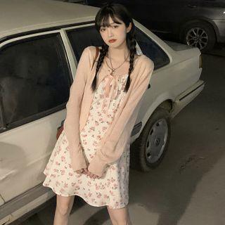 Spaghetti-strap Bow Floral Dress / Long-sleeve Plain Knit Cardigan