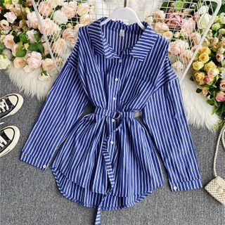 Belted Pocket-front Long-sleeve Pinstripe Shirt