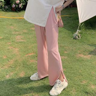 Plain Side-slit Short-sleeve Top / Plain Slit-hem Straight Cut Pants