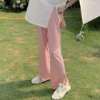 Plain Side-slit Short-sleeve Top / Plain Slit-hem Straight Cut Pants