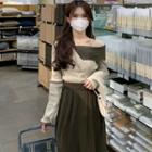 Long-sleeve Two-tone Knit Top / Plain Maxi Skirt