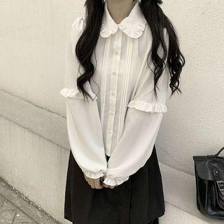 Ruffle Trim Blouse / Midi A-line Skirt