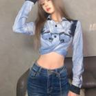 Long-sleeve Tie Dye Wrap Crop Shirt