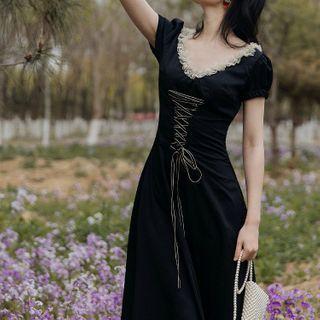 Short-sleeve Ruffle Trim V-neck Midi A-line Dress