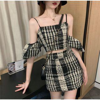 Cold Shoulder Plaid Top / Mini Fitted Skirt
