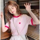Contrast-trim Heart Print Short-sleeve T-shirt Pink - One Size