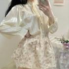 Mock-neck Satin Blouse / Floral Print Mini Skirt