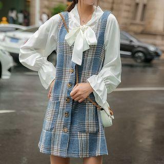 Set: Tie-neck Chiffon Blouse + Plaid Mini Pinafore Dress
