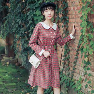 Collared Long-sleeve Plaid A-line Dress