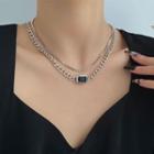 Layered Chain Necklace Necklace - 2 Layers - Black Rhinestone - Silver - One Size
