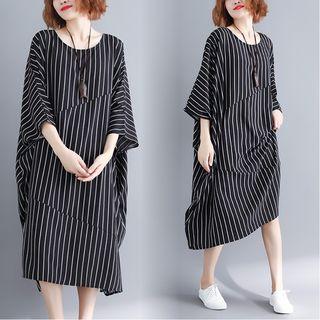 Striped 3/4-sleeve Dress Black - One Size
