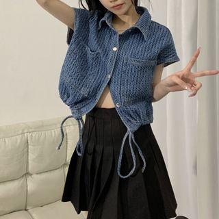 Patterned Drawstring Denim Button-up Vest