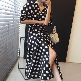 Puff-sleeve Dotted Slit Maxi A-line Dress