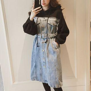 Mock Two-piece Denim Hoodie Dress