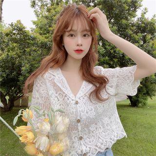 Short-sleeve Crochet Cropped Cardigan White - One Size