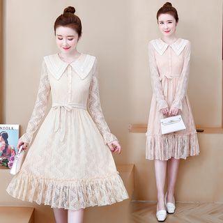 Long-sleeve Tie-waist Collared A-line Lace Dress