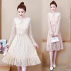 Long-sleeve Tie-waist Collared A-line Lace Dress