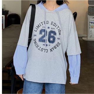 Mock Two-piece Long-sleeve Printed Hooded T-shirt