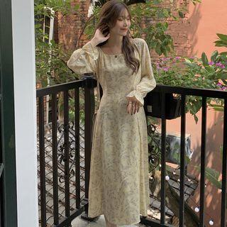Square Neck Long-sleeve Midi A-line Dress Almond - One Size