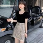 Short-sleeve Top / Leopard Print Mini A-line Skirt