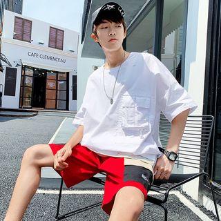 Set: Pocket Detail Elbow-sleeve T-shirt + Color Block Shorts