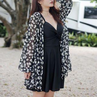 Set: Spaghetti-strap Swimsuit + Swim Shorts + Floral Cover-up