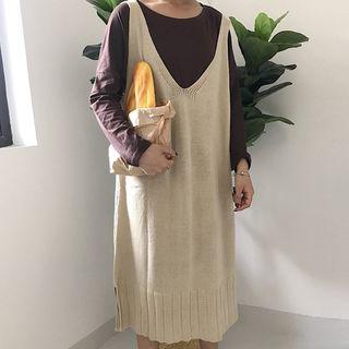 Plain Long-sleeve T-shirt / Strappy Knit Dress