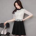 Elbow-sleeve Lace Mock Two-piece Dress