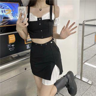 Set: Cold-shoulder Crop Top + Asymmetrical Mini A-line Skirt Set - Black - One Size