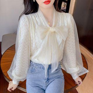 Long-sleeve Bow Mesh Overlay Blouse