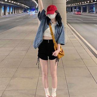 Short-sleeve Shirt Jacket / Crop Tank Top / Hot Pants